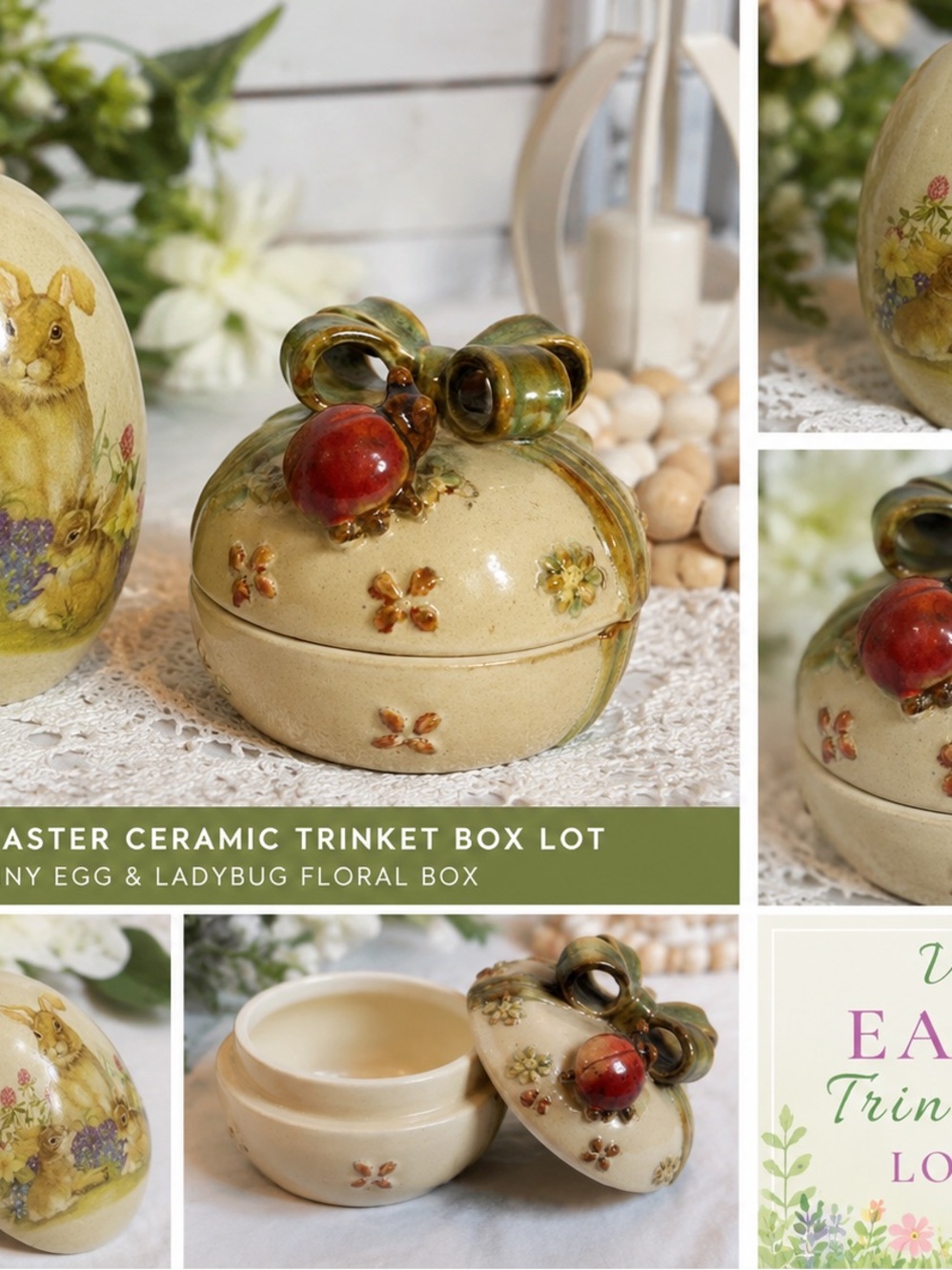 Vintage Easter Ceramic Trinket Box Lot Bunny Egg & Ladybug Floral Lidded Boxes